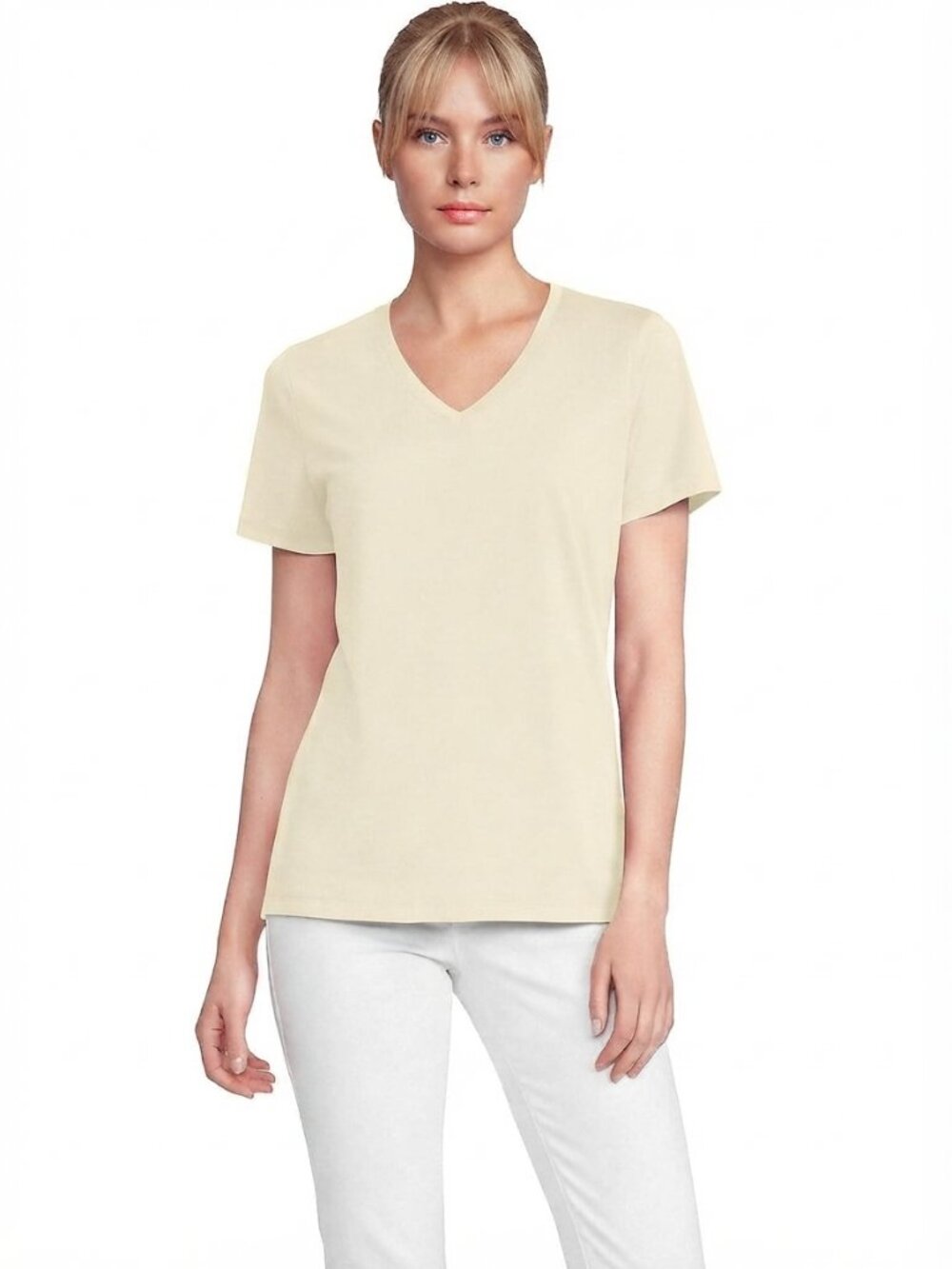 2/$30 Lands' End Relaxed Supima V-Neck T-Shirt Pale Sunbeam Yellow Medium #A4948